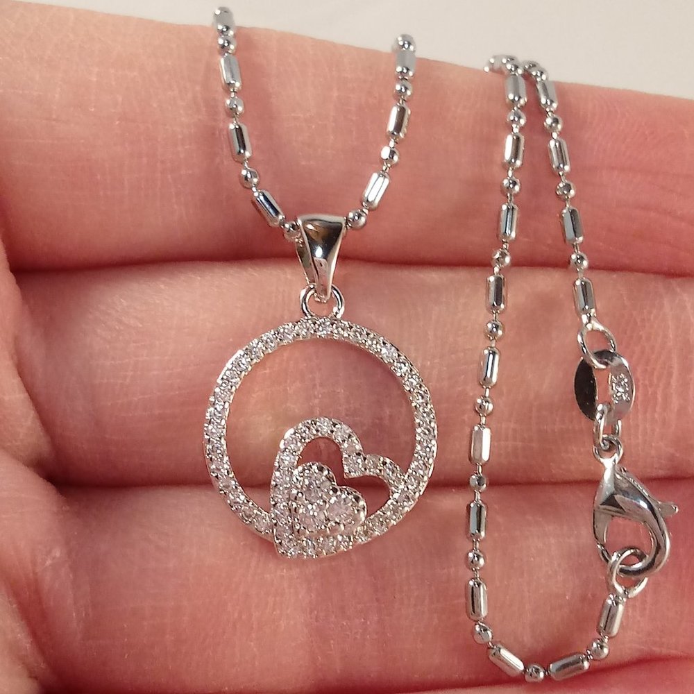 18K White Gold Filled Heart Shape Circle Layer Diamond Zircon Pendant Necklace
